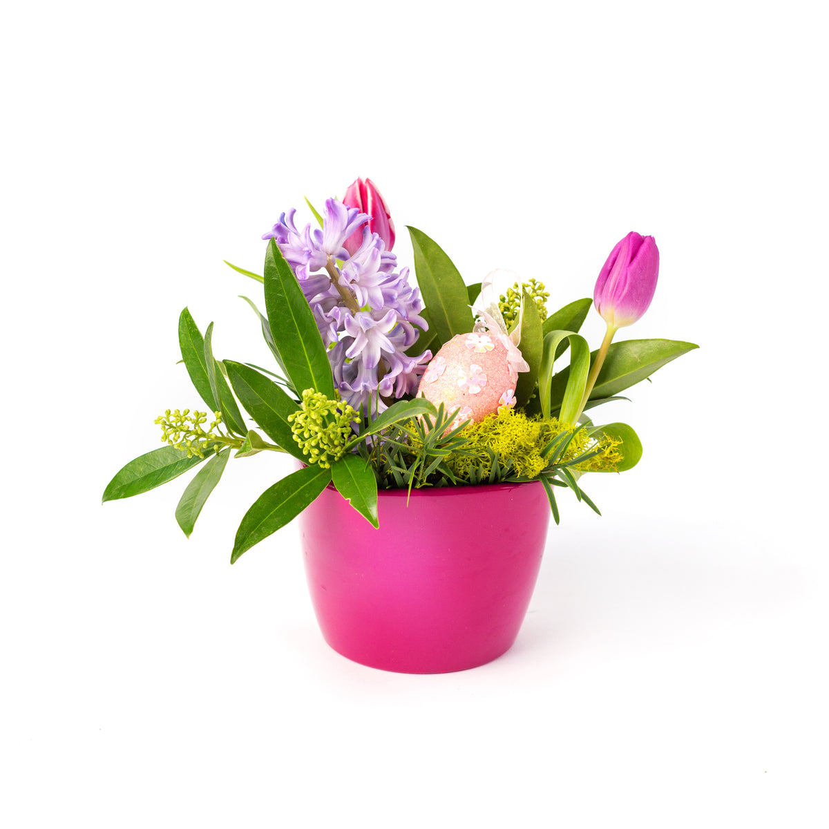 easter floral arrangement in a hot pink pot