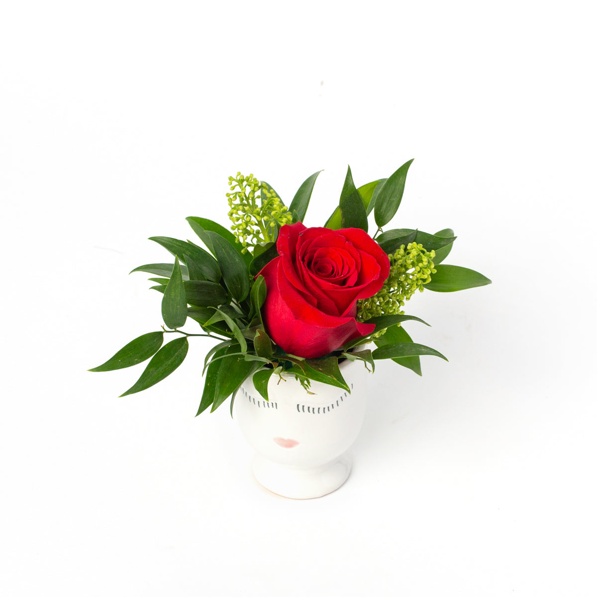 Mini flower arrangement in a small face pot, designed by Tickled Floral in Sherwood Park, delivery to Edmonton, Beaumont, St.Albert