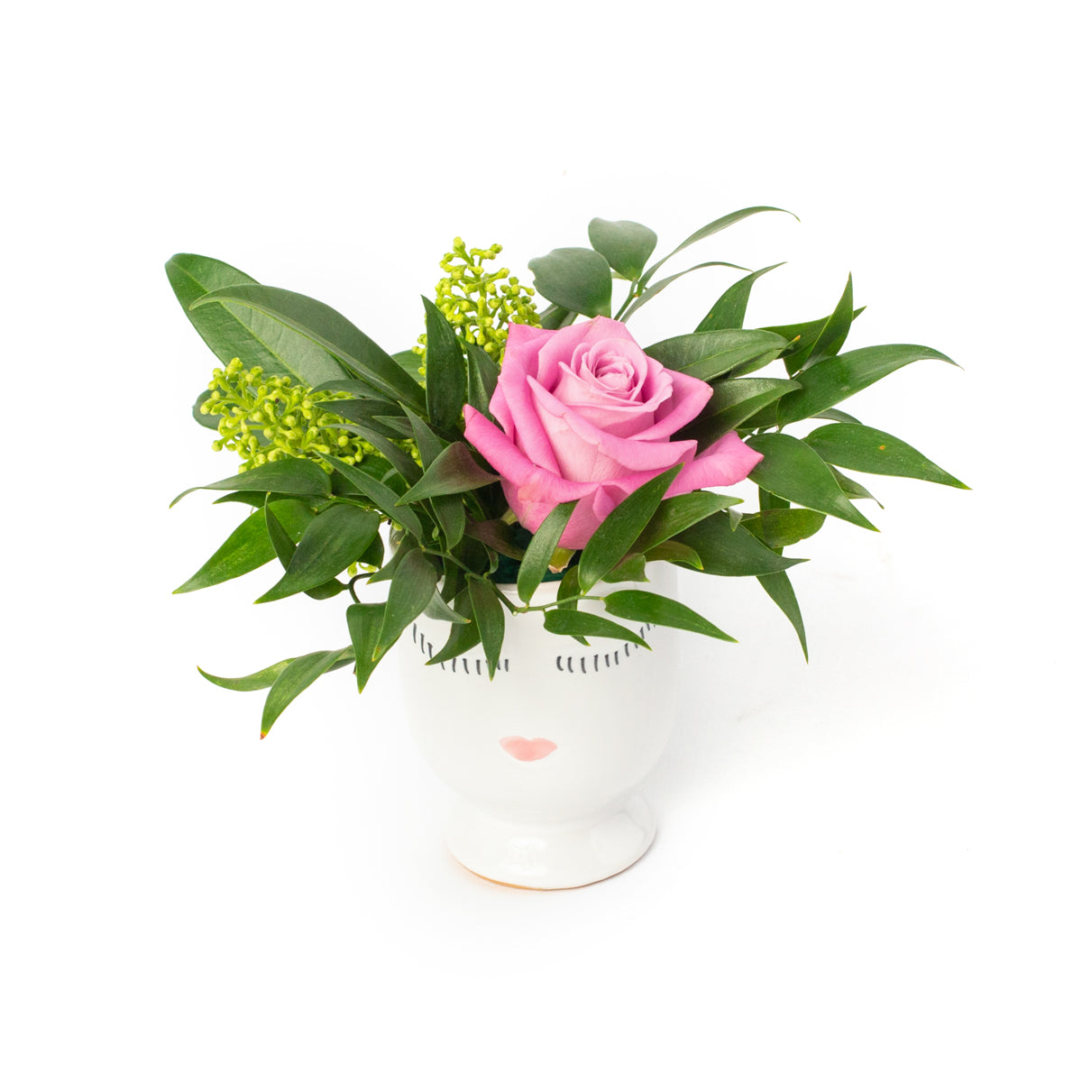 Mini flower arrangement in a small face pot, designed by Tickled Floral in Sherwood Park, delivery to Edmonton, Beaumont, St.Albert