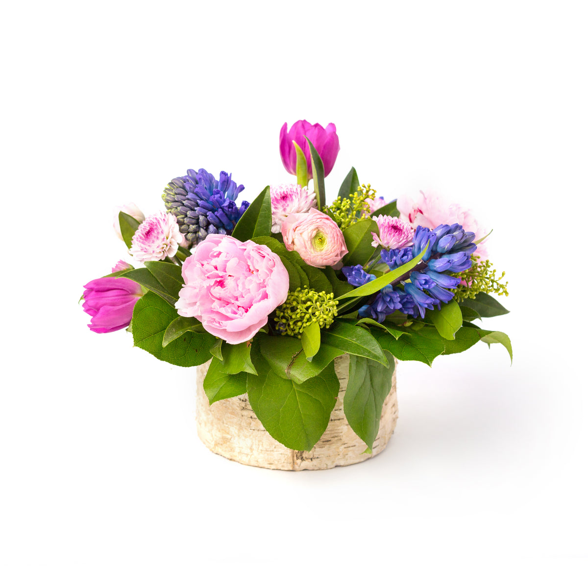 Flowers in a birchwood pot, designed by Tickled Floral in Sherwood Park, delivery to Edmonton, Beaumont, St.Albert