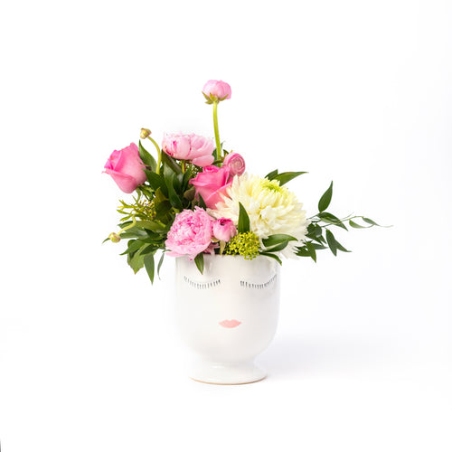 Floral arrangement in a face pot, designed by Tickled Floral in Sherwood Park, delivery to Edmonton, Beaumont, St.Albert