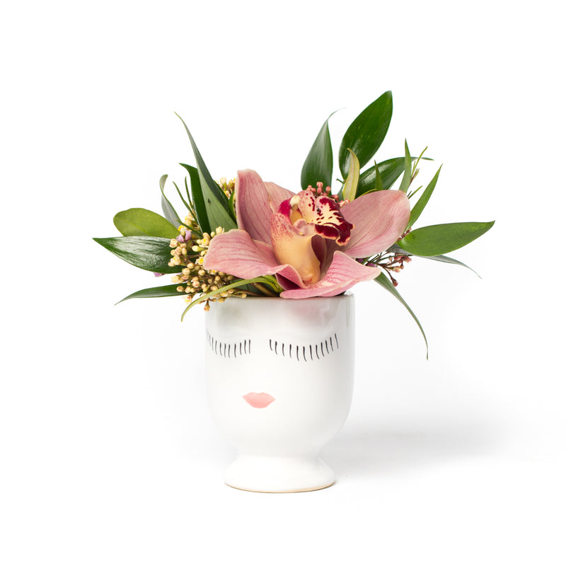 Mini flower arrangement in a small face pot, designed by Tickled Floral in Sherwood Park, delivery to Edmonton, Beaumont, St.Albert