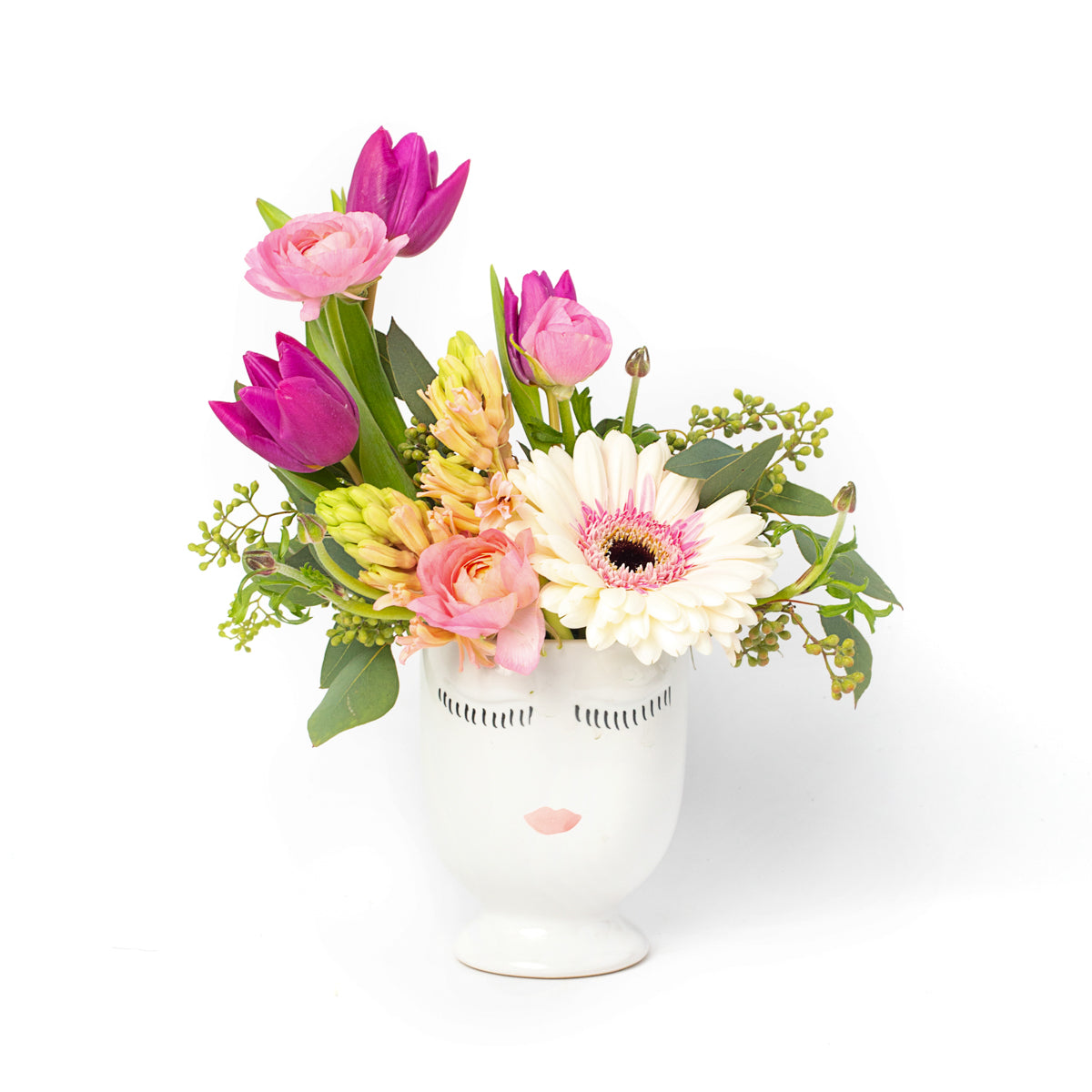 Flowers in a large face pot, designed by Tickled Floral in Sherwood Park, delivery to Edmonton, Beaumont, St.Albert
